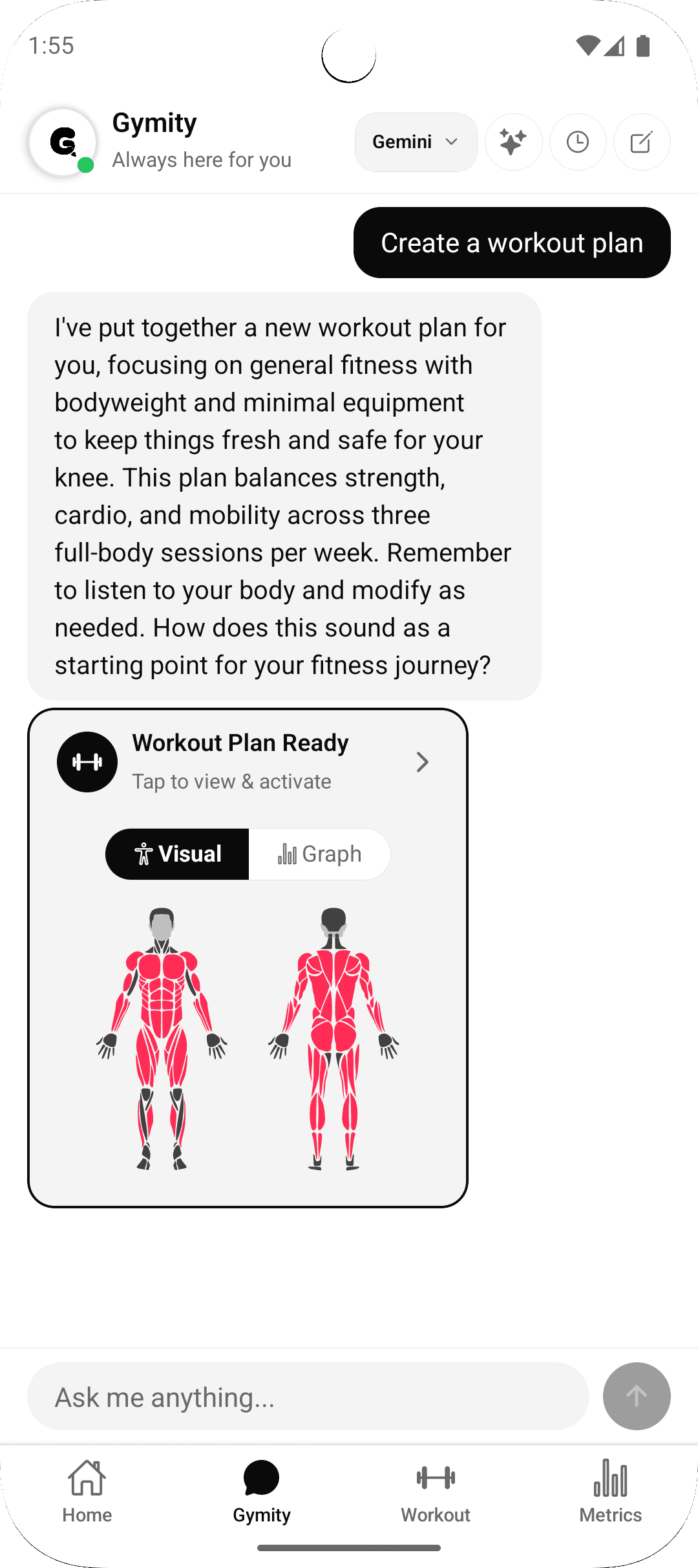 ChatGymity AI generating a personalized workout plan