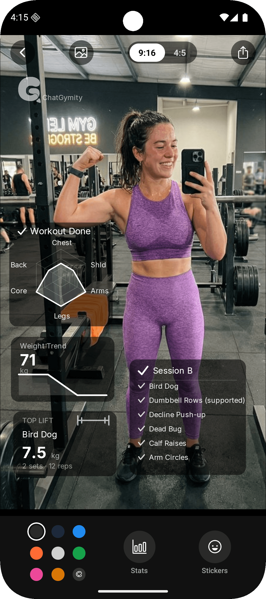 Photo editor with workout data stickers overlaid on a gym photo for social media sharing
